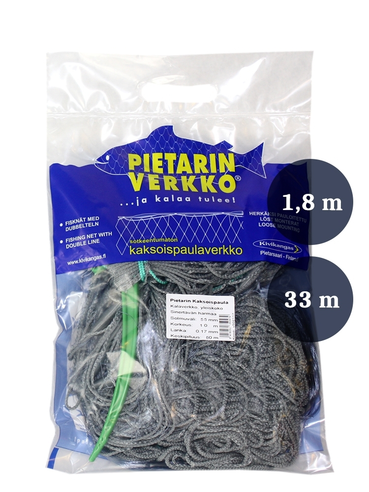 Pietarin Kaksoispaula Muikkuverkko, Silmäkoko:16mm, Korkeus:1,8m, Lanka:0,15mm, Pituus:33m. 3 Pietarin Kaksoispaula Muikkuverkko, Silmäkoko:16mm, Korkeus:1,8m, Lanka:0,15mm, Pituus:33m.